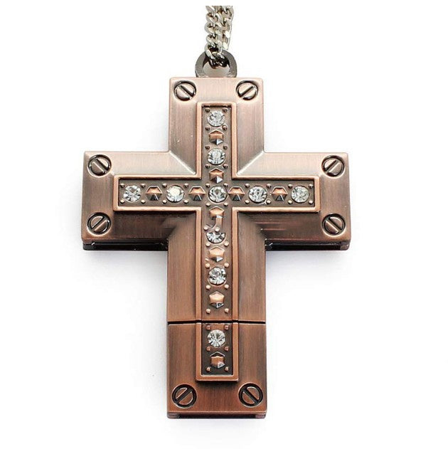 Golden metal cross USB flash drive with crystal accents, 32GB capacity.