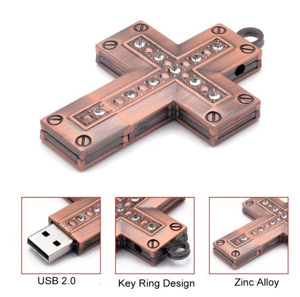 USB Flash Drive 32GB Metal Cross Design with USB 2.0 Interface in Golden Color.