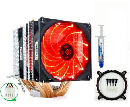 6 heat pipe CPU radiator with quiet desktop fan and red LED lighting.