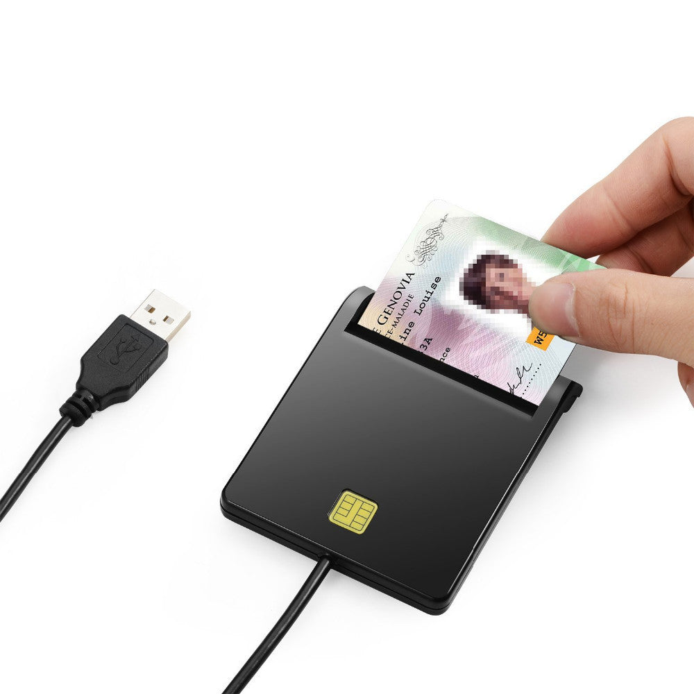 USB Smart Card Reader with ID card insertion, compatible with multiple operating systems and card types.