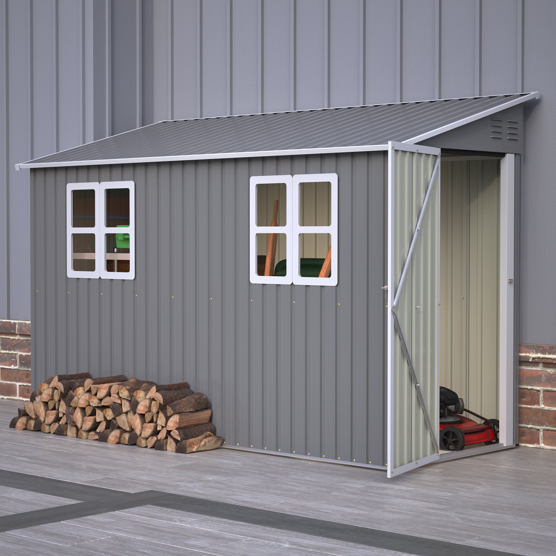 4x10 FT Galvanized Steel Outdoor Shed  Weatherproof Lockable Storage For Tools, Bikes And Pets,With Sloping Roof And Windows