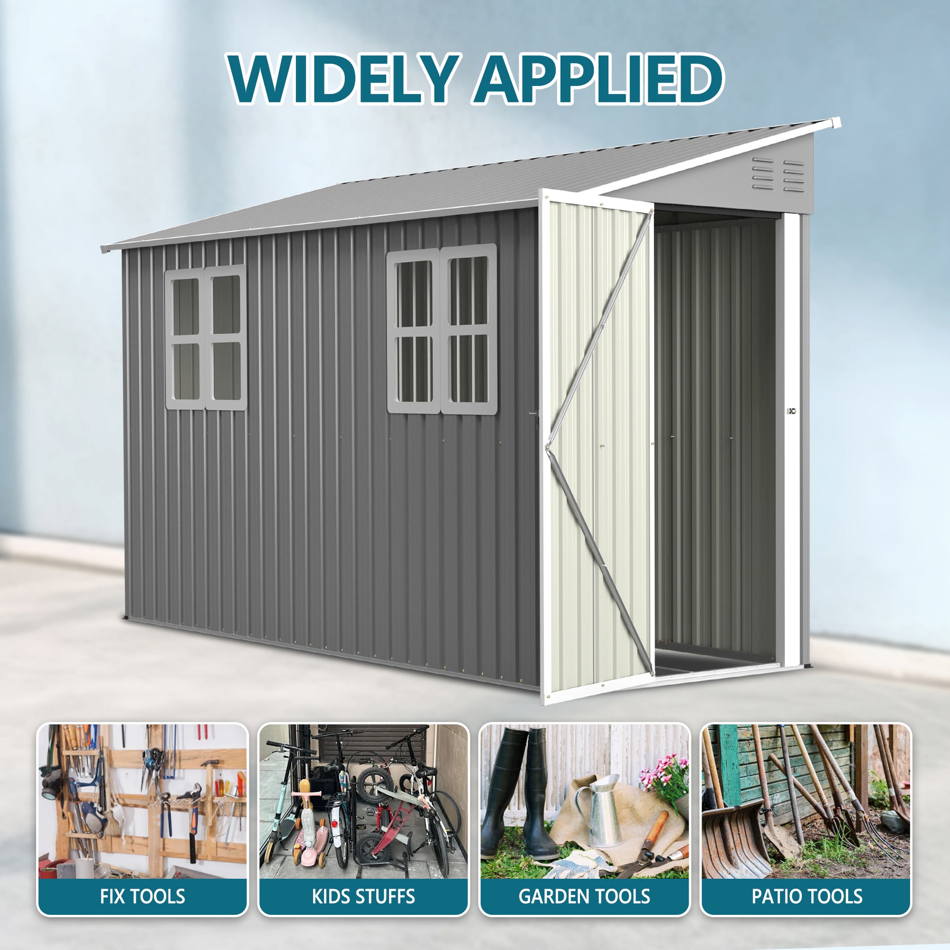 4x10 FT Galvanized Steel Outdoor Shed  Weatherproof Lockable Storage For Tools, Bikes And Pets,With Sloping Roof And Windows
