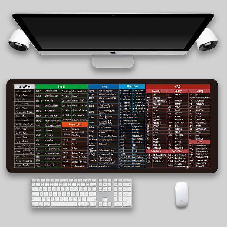 Oversized shortcut key mouse pad with keyboard shortcuts design, non-slip rubber and cloth material.
