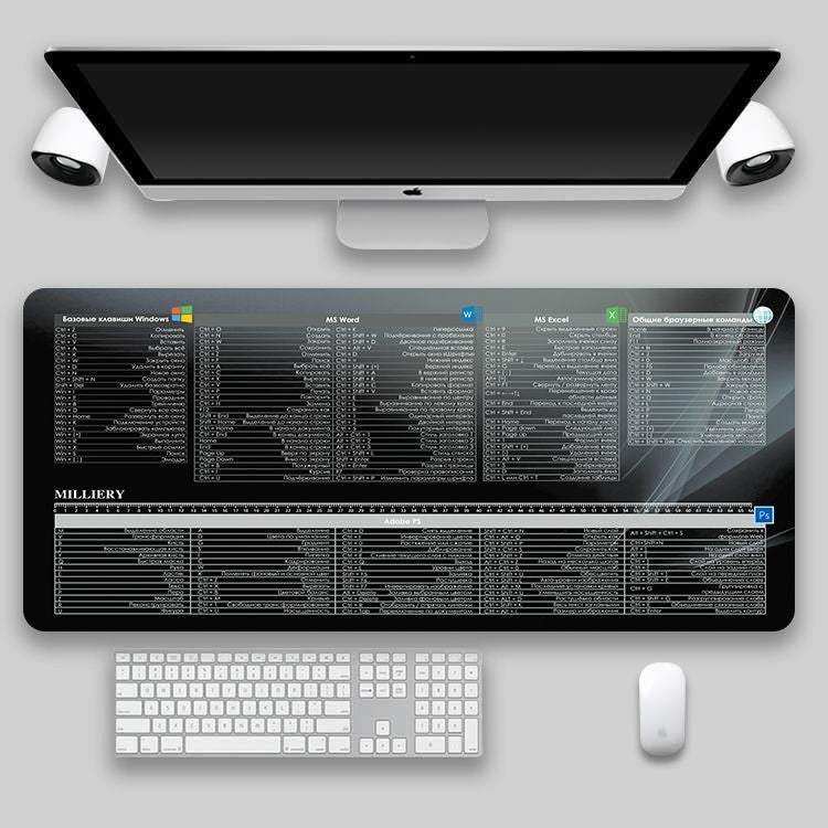 Oversized shortcut key mouse pad with non-slip rubber and cloth material, featuring a thermal transfer printed design for office and gaming use.