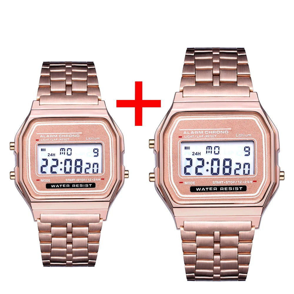 2Pcs Fashion Digital Men's Watches Gold Luxury Stainless Steel Link Bracelet Wrist Watch Band Business Electronic Male Clock