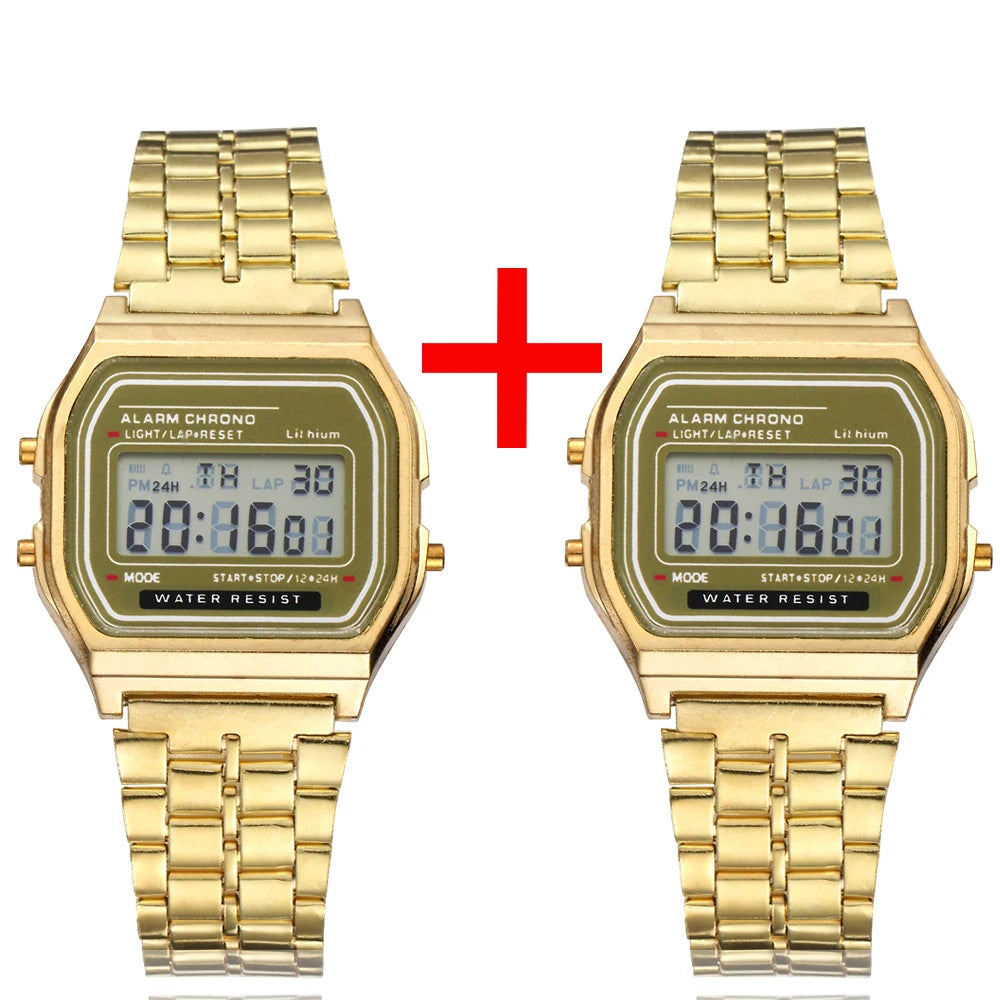 2Pcs Fashion Digital Men's Watches Gold Luxury Stainless Steel Link Bracelet Wrist Watch Band Business Electronic Male Clock
