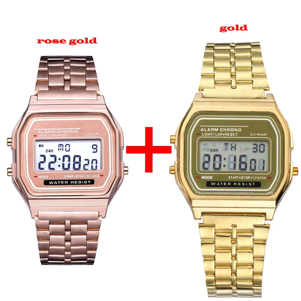 2Pcs Fashion Digital Men's Watches Gold Luxury Stainless Steel Link Bracelet Wrist Watch Band Business Electronic Male Clock