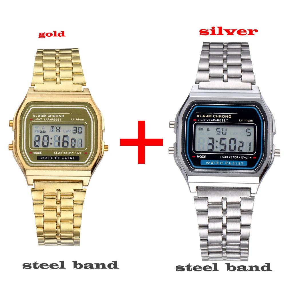 2Pcs Fashion Digital Men's Watches Gold Luxury Stainless Steel Link Bracelet Wrist Watch Band Business Electronic Male Clock