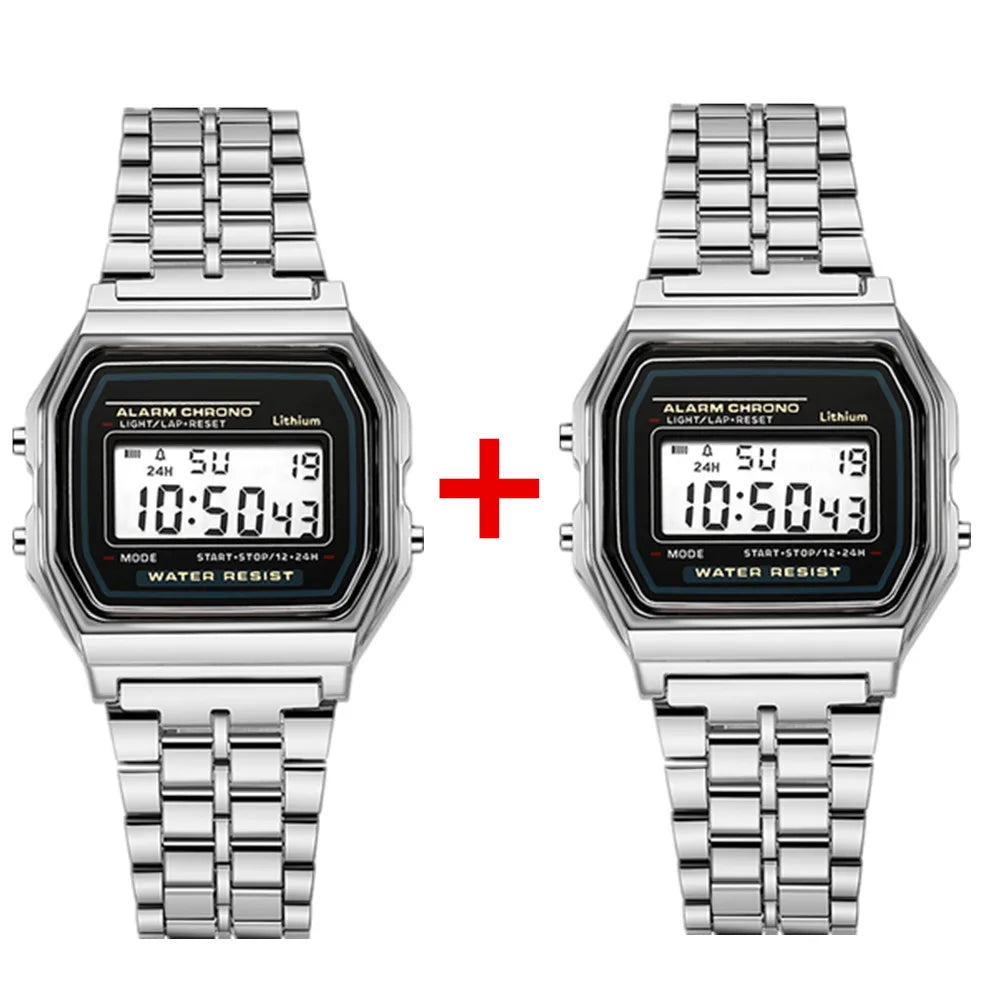 2Pcs Fashion Digital Men's Watches Gold Luxury Stainless Steel Link Bracelet Wrist Watch Band Business Electronic Male Clock