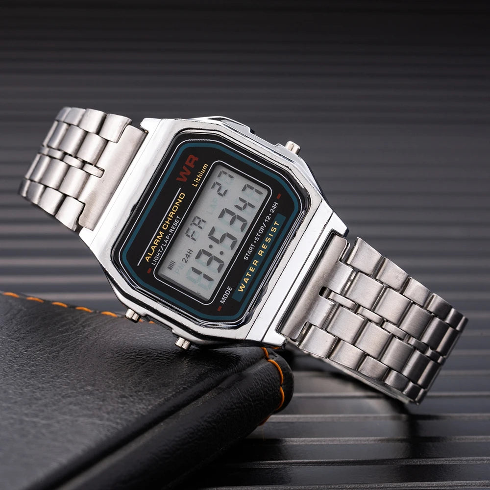 2Pcs Fashion Digital Men's Watches Gold Luxury Stainless Steel Link Bracelet Wrist Watch Band Business Electronic Male Clock
