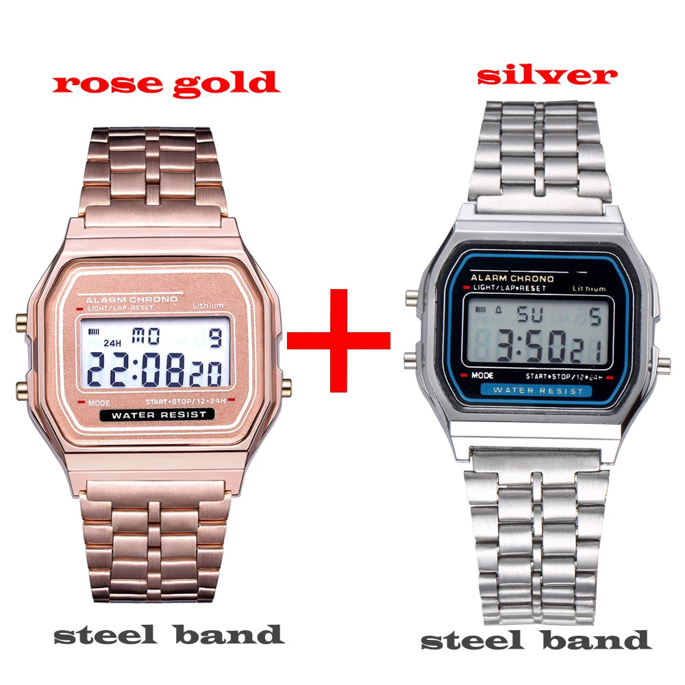 2Pcs Fashion Digital Men's Watches Gold Luxury Stainless Steel Link Bracelet Wrist Watch Band Business Electronic Male Clock