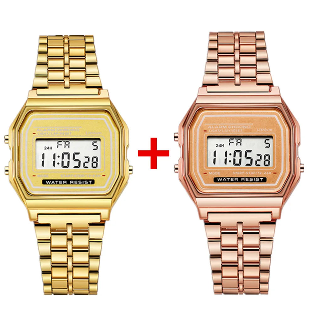 2Pcs Fashion Digital Men's Watches Gold Luxury Stainless Steel Link Bracelet Wrist Watch Band Business Electronic Male Clock