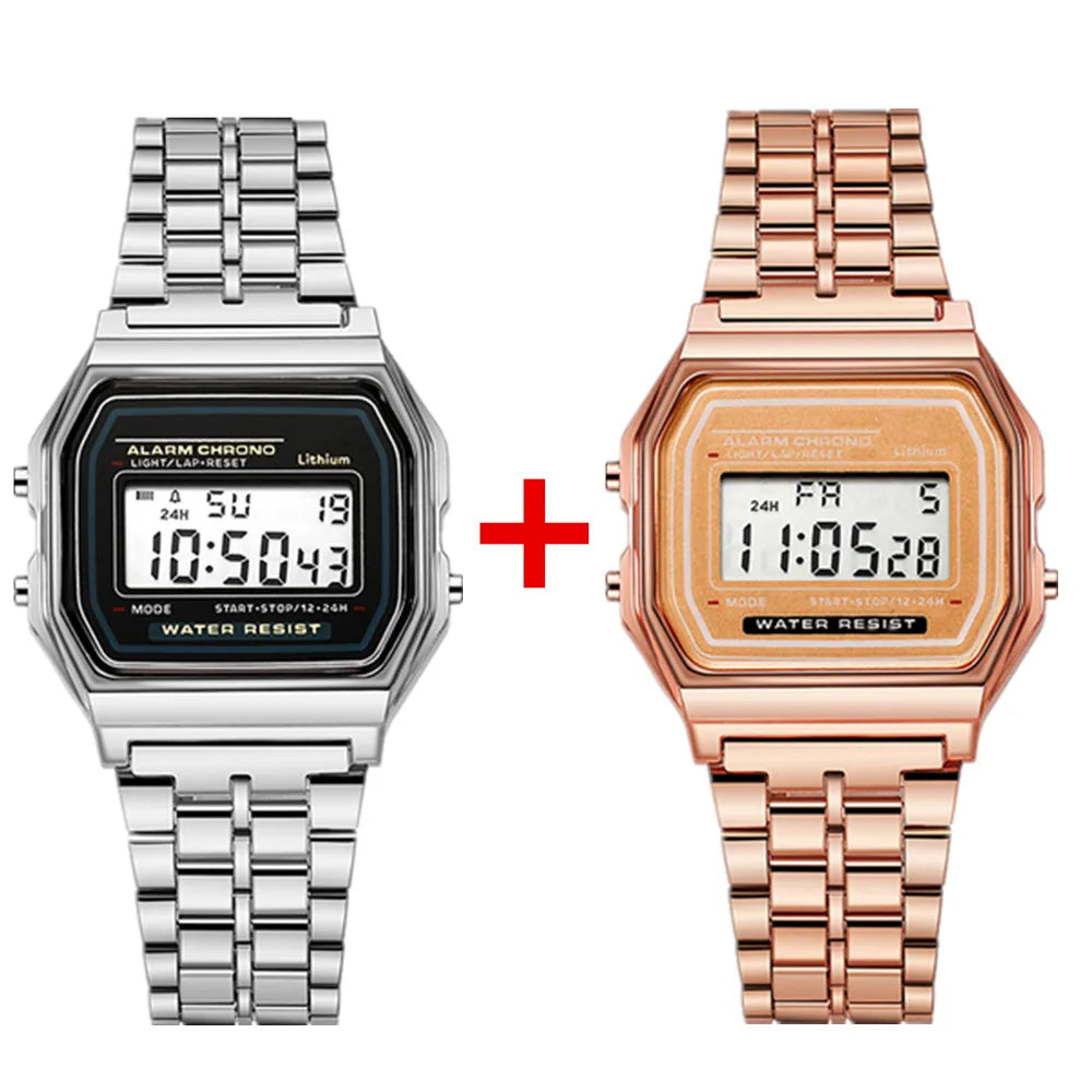 2Pcs Fashion Digital Men's Watches Gold Luxury Stainless Steel Link Bracelet Wrist Watch Band Business Electronic Male Clock