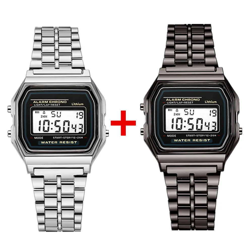 2Pcs Fashion Digital Men's Watches Gold Luxury Stainless Steel Link Bracelet Wrist Watch Band Business Electronic Male Clock