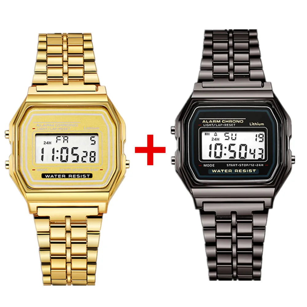 2Pcs Fashion Digital Men's Watches Gold Luxury Stainless Steel Link Bracelet Wrist Watch Band Business Electronic Male Clock