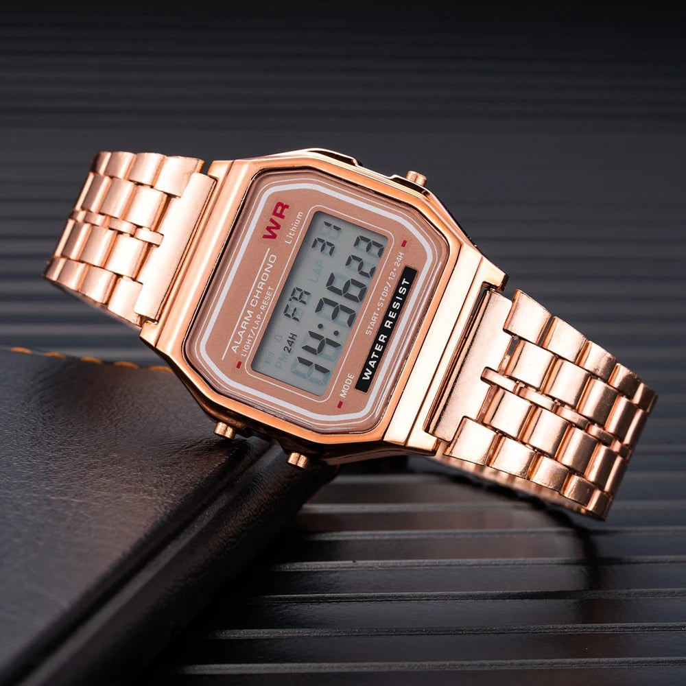 2Pcs Fashion Digital Men's Watches Gold Luxury Stainless Steel Link Bracelet Wrist Watch Band Business Electronic Male Clock