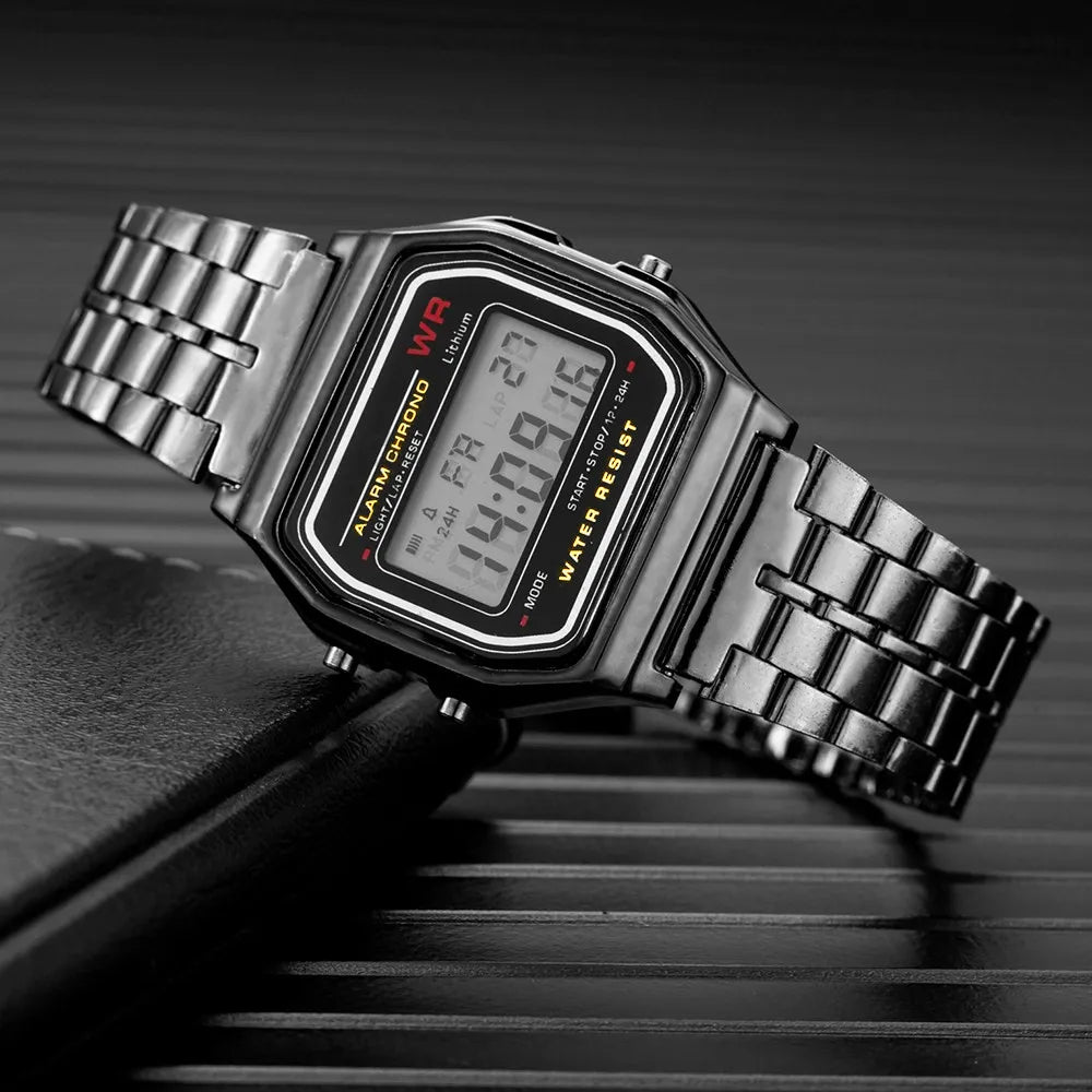 2Pcs Fashion Digital Men's Watches Gold Luxury Stainless Steel Link Bracelet Wrist Watch Band Business Electronic Male Clock
