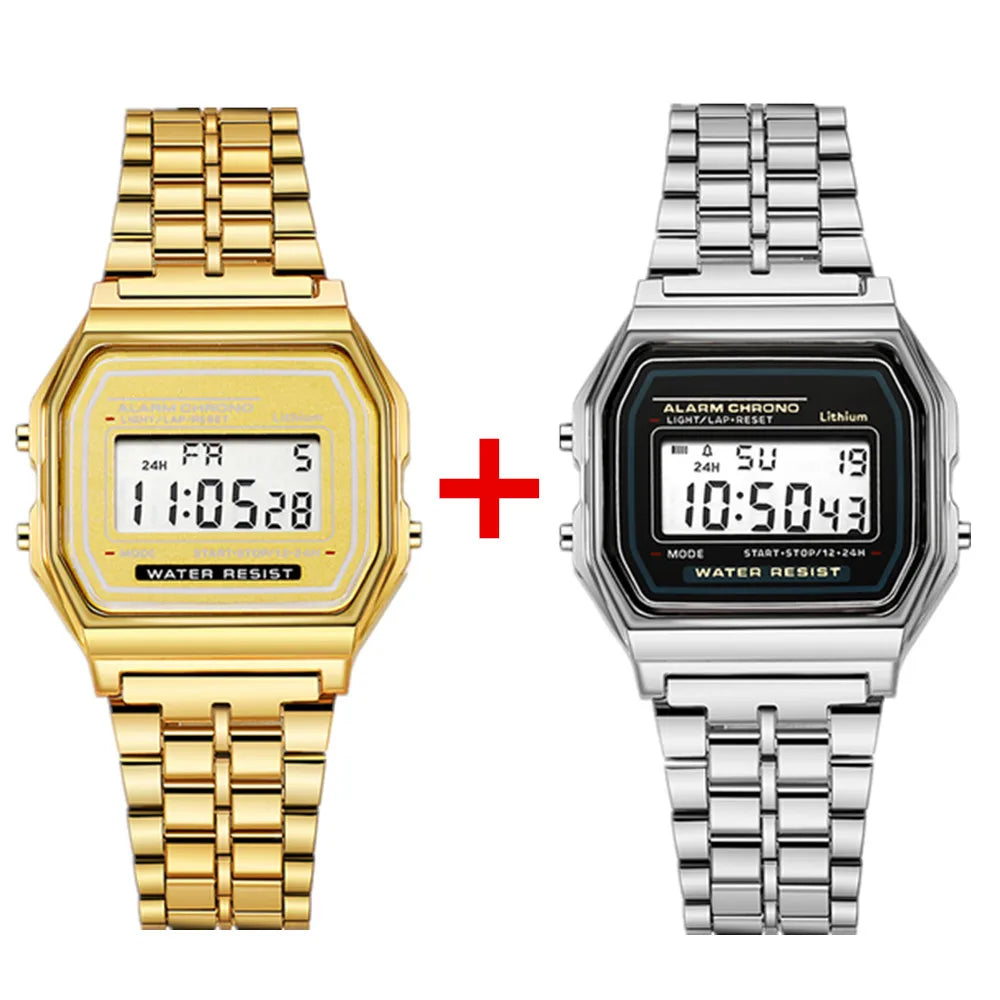 2Pcs Fashion Digital Men's Watches Gold Luxury Stainless Steel Link Bracelet Wrist Watch Band Business Electronic Male Clock
