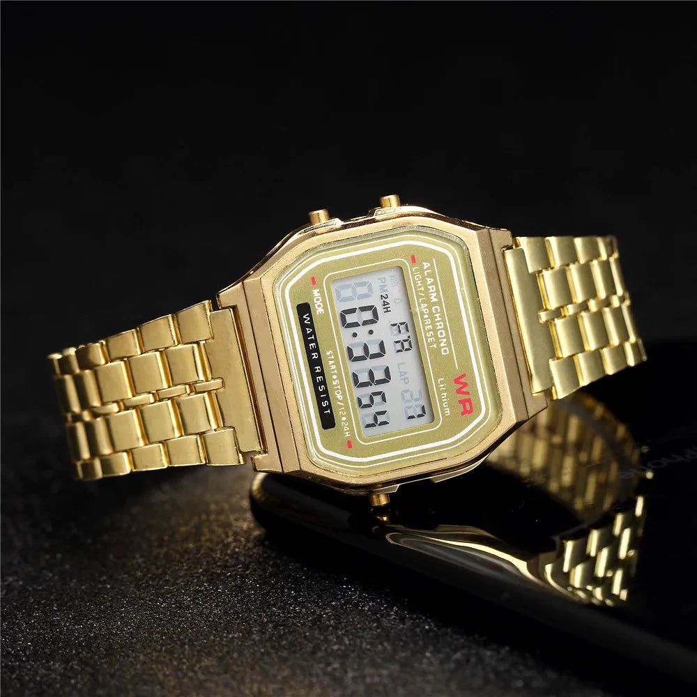 2Pcs Fashion Digital Men's Watches Gold Luxury Stainless Steel Link Bracelet Wrist Watch Band Business Electronic Male Clock