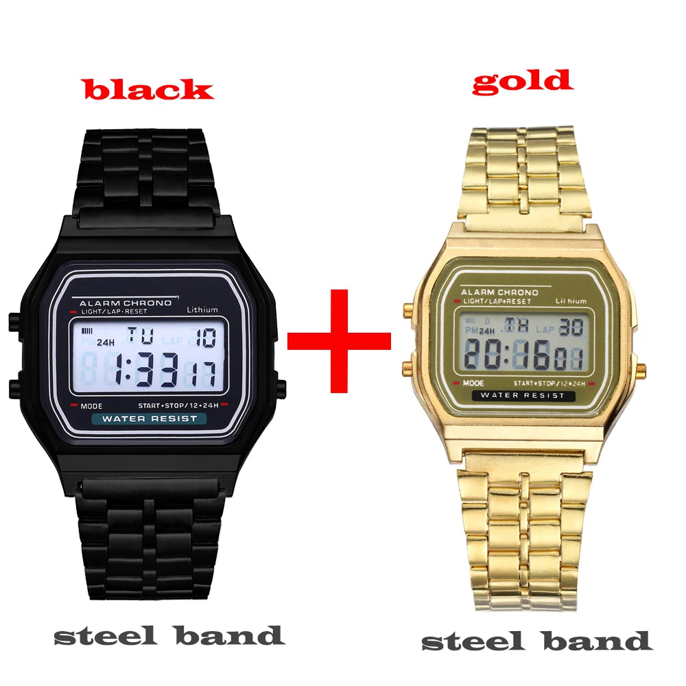 2Pcs Fashion Digital Men's Watches Gold Luxury Stainless Steel Link Bracelet Wrist Watch Band Business Electronic Male Clock