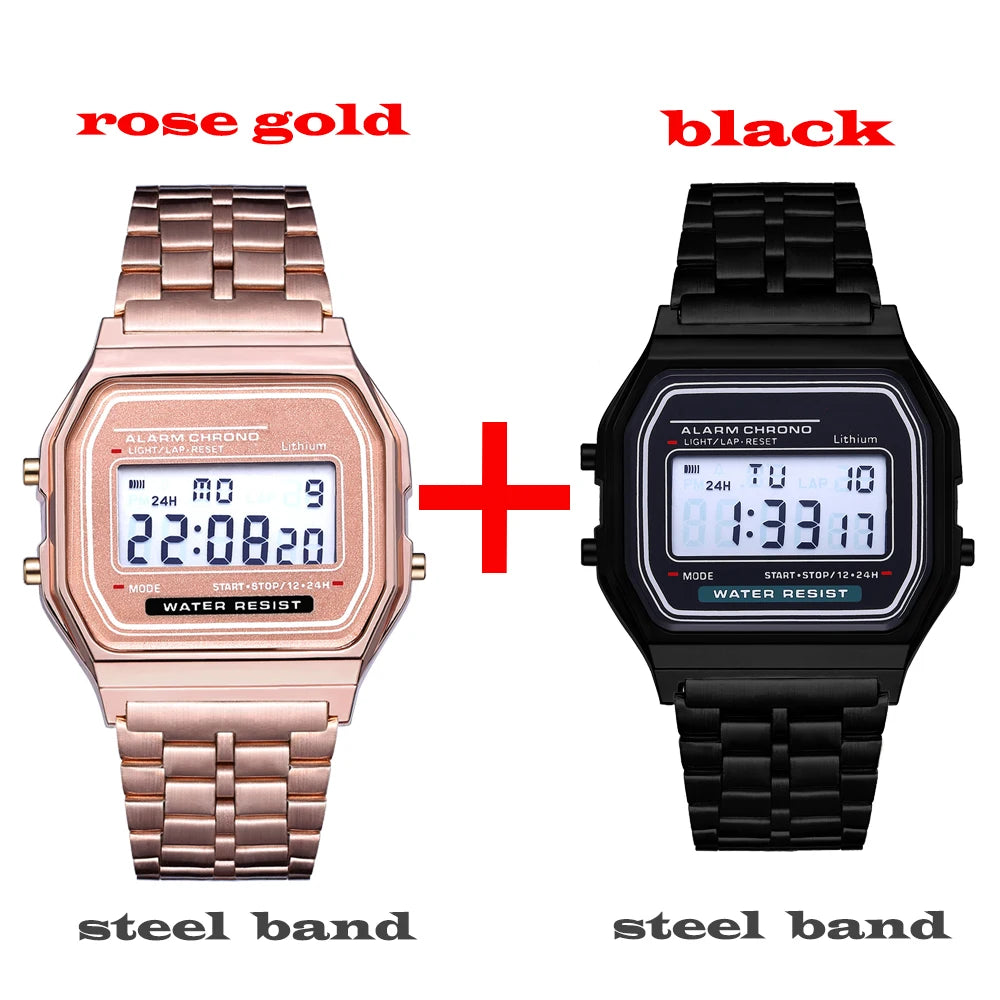 2Pcs Fashion Digital Men's Watches Gold Luxury Stainless Steel Link Bracelet Wrist Watch Band Business Electronic Male Clock