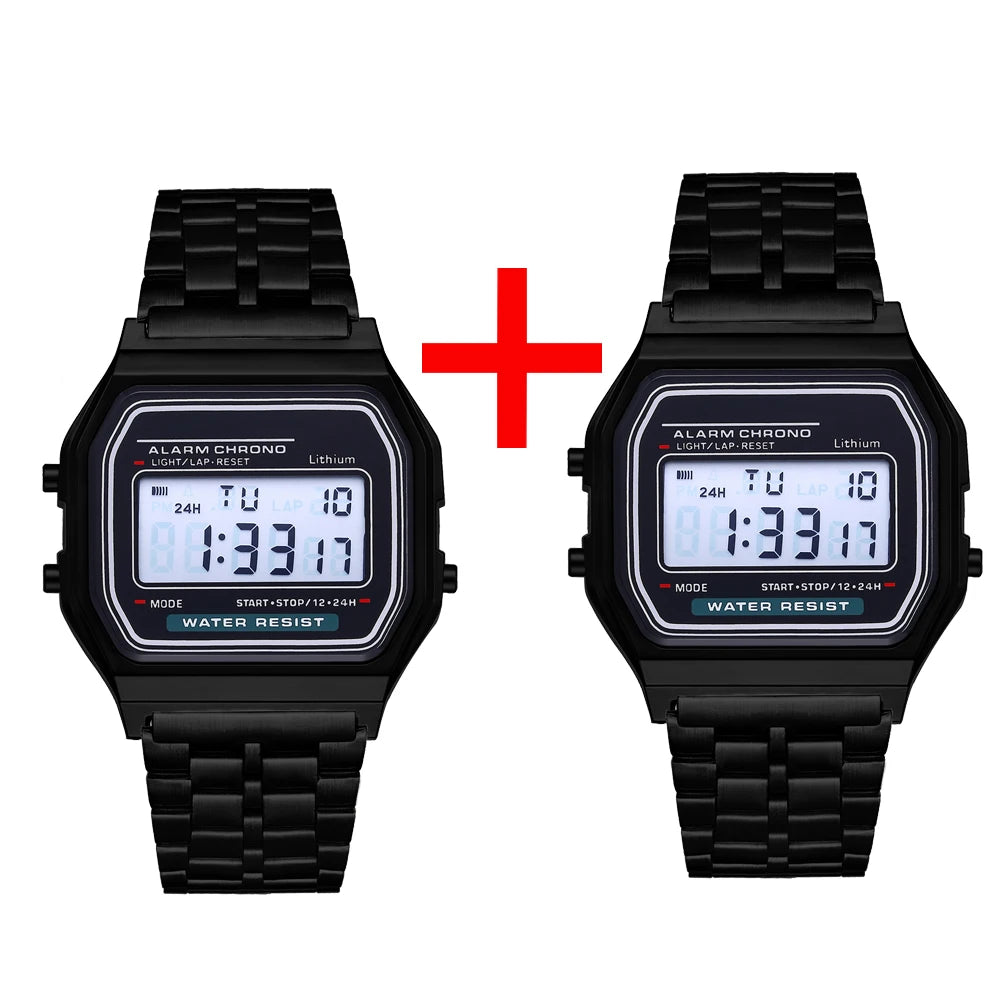 2Pcs Fashion Digital Men's Watches Gold Luxury Stainless Steel Link Bracelet Wrist Watch Band Business Electronic Male Clock
