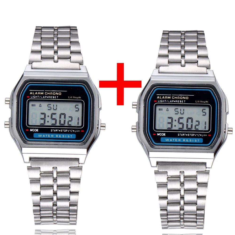 2Pcs Fashion Digital Men's Watches Gold Luxury Stainless Steel Link Bracelet Wrist Watch Band Business Electronic Male Clock