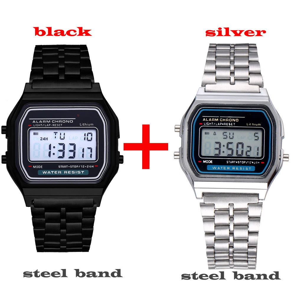 2Pcs Fashion Digital Men's Watches Gold Luxury Stainless Steel Link Bracelet Wrist Watch Band Business Electronic Male Clock