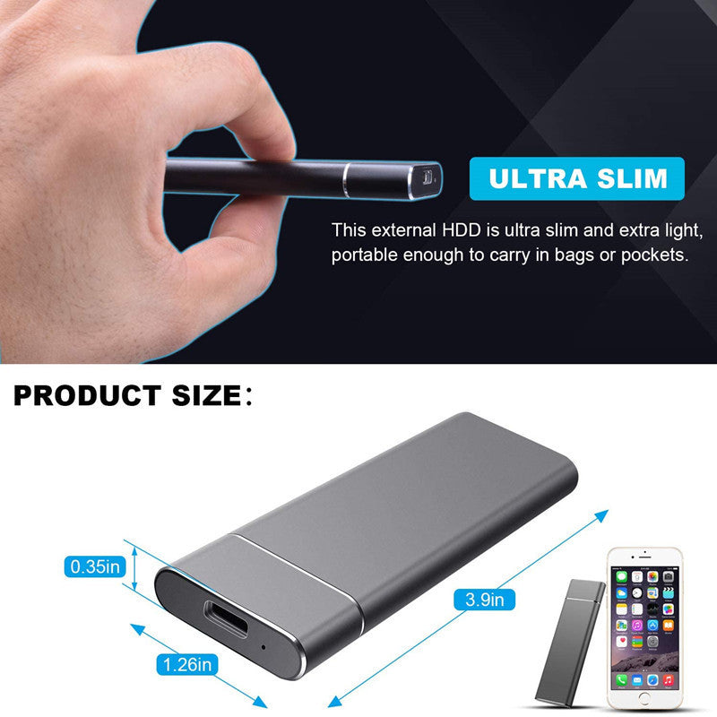 Ultra-slim high-speed mobile solid state drive with compact dimensions for portability.