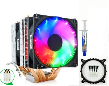 Heat Pipe CPU Radiator with six heat pipes, colorful LED fan, and silver silicone grease included.