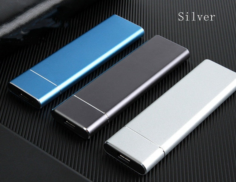 High-speed mobile solid state drives in blue, black, and silver colors on a textured surface.